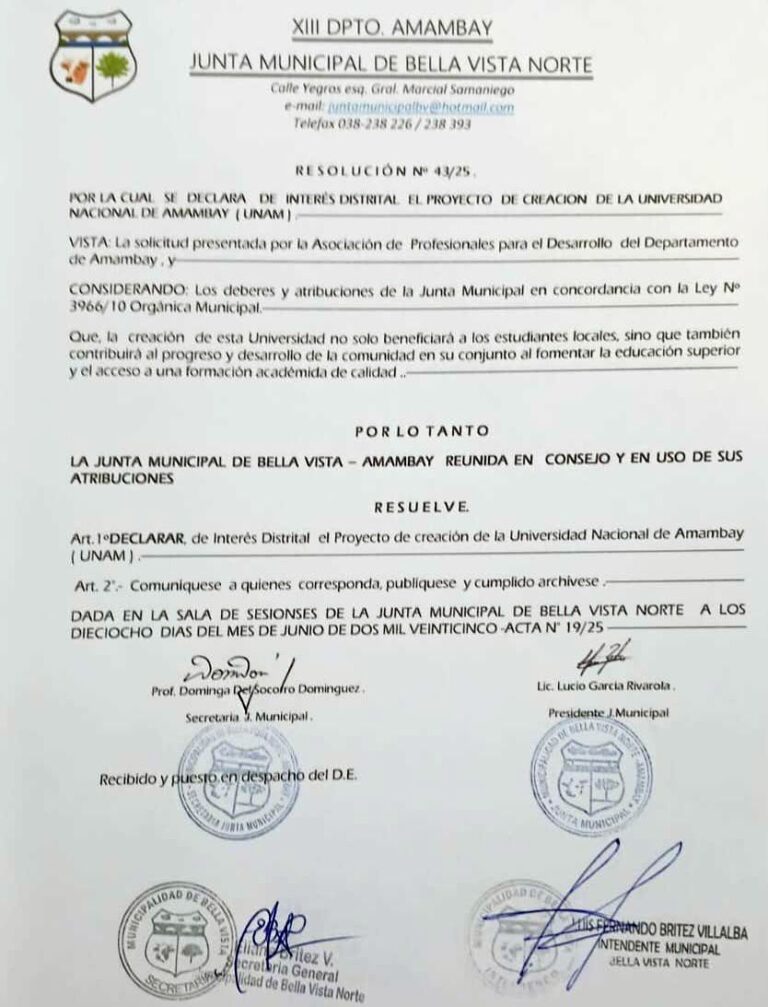 Junta Municipal de Bella Vista declara de Interés Distrital al proyecto de creación de la Universidad Nacional de Amambay.