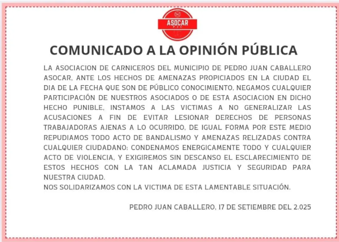 La Asociación de Carniceros ha manifestado públicamente su solidaridad con Elías Ocampos Rodríguez, tras las amenazas que este recibiera