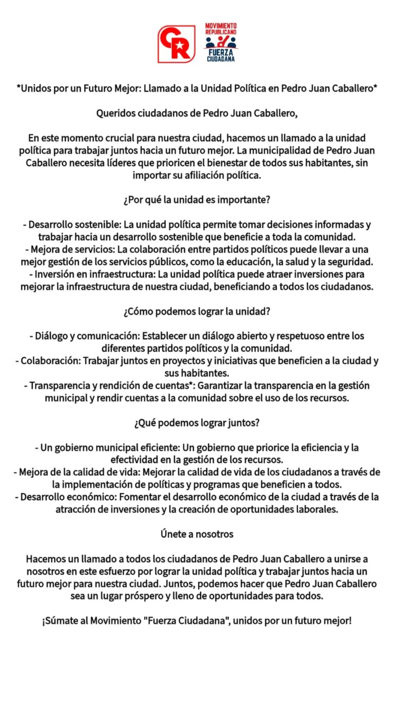 Movimiento Fuerza Ciudadana llama a la unidad en filas de la ANR en Pedro Juan Caballero