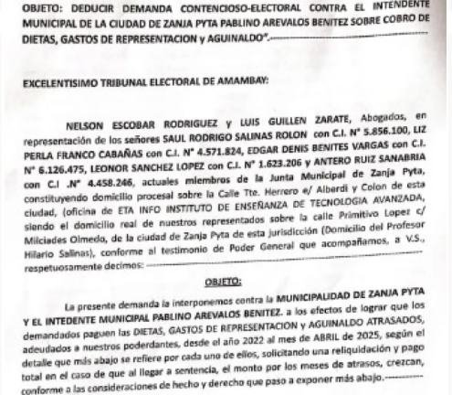 Demanda contra Intendente de Zanja Pytã ante el Tribunal Electoral de Amambay