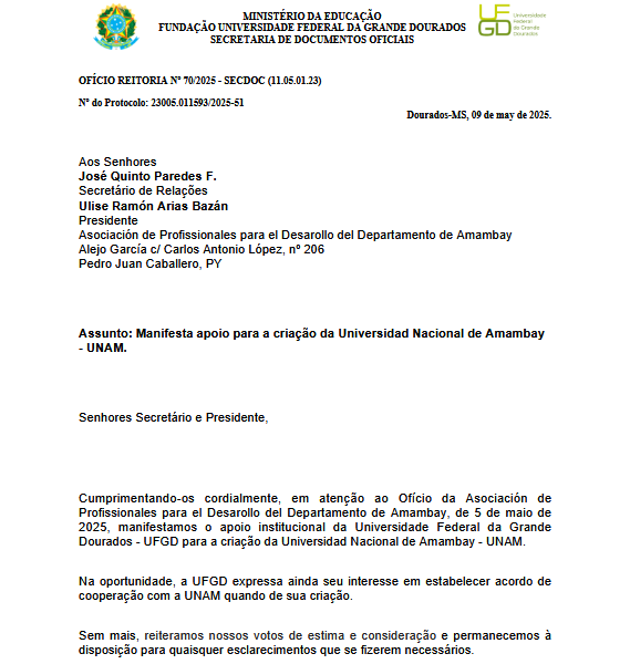 Apoyo de la UFGD a la Creación de la Universidad Nacional de Amambay