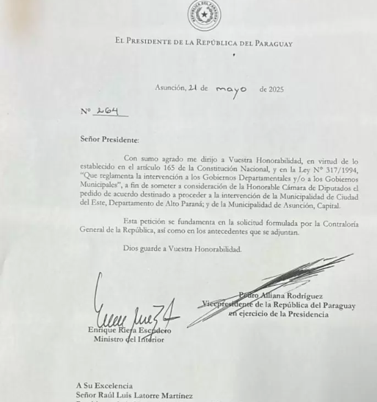 Llegó a Diputados pedido de intervención de las municipalidades de Asunción y CDE