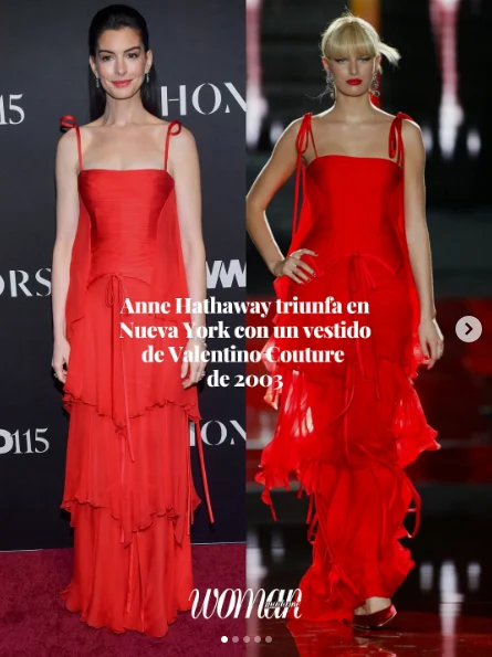 Anne Hathaway causó impacto con un vestido vintage rojo Valentino en una gala en Nueva York