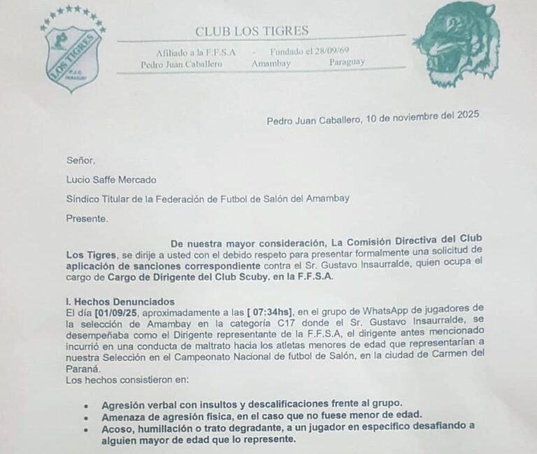El Club Los Tigres solicita sanciones contra el dirigente deportivo Gustavo Insauralde por amenazas a un menor de edad