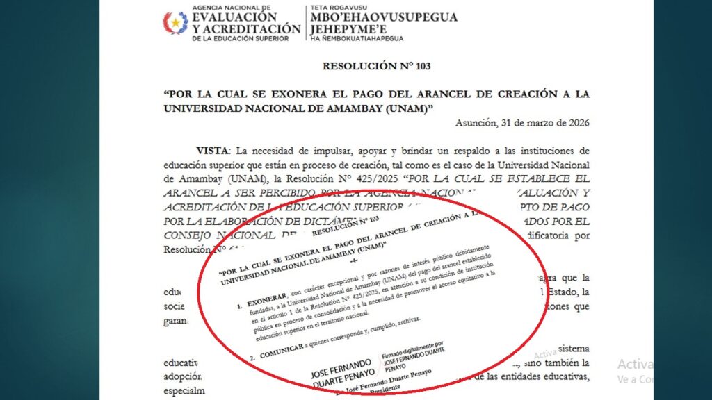 La ANEAES exonera pago de arancel de creación de la Universidad Nacional de Amambay (UNAM)