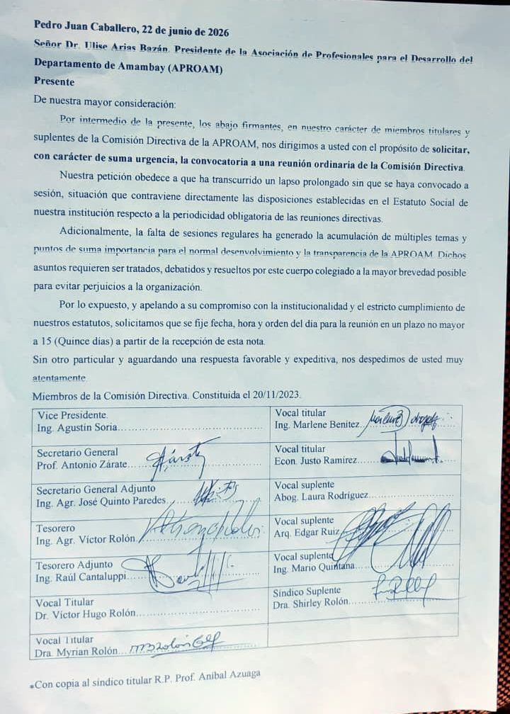 Crisis institucional en APROAM: Comisión Directiva emplaza al Ing. Ulise Arias Bazán para que convoque a una reunión ordinaria