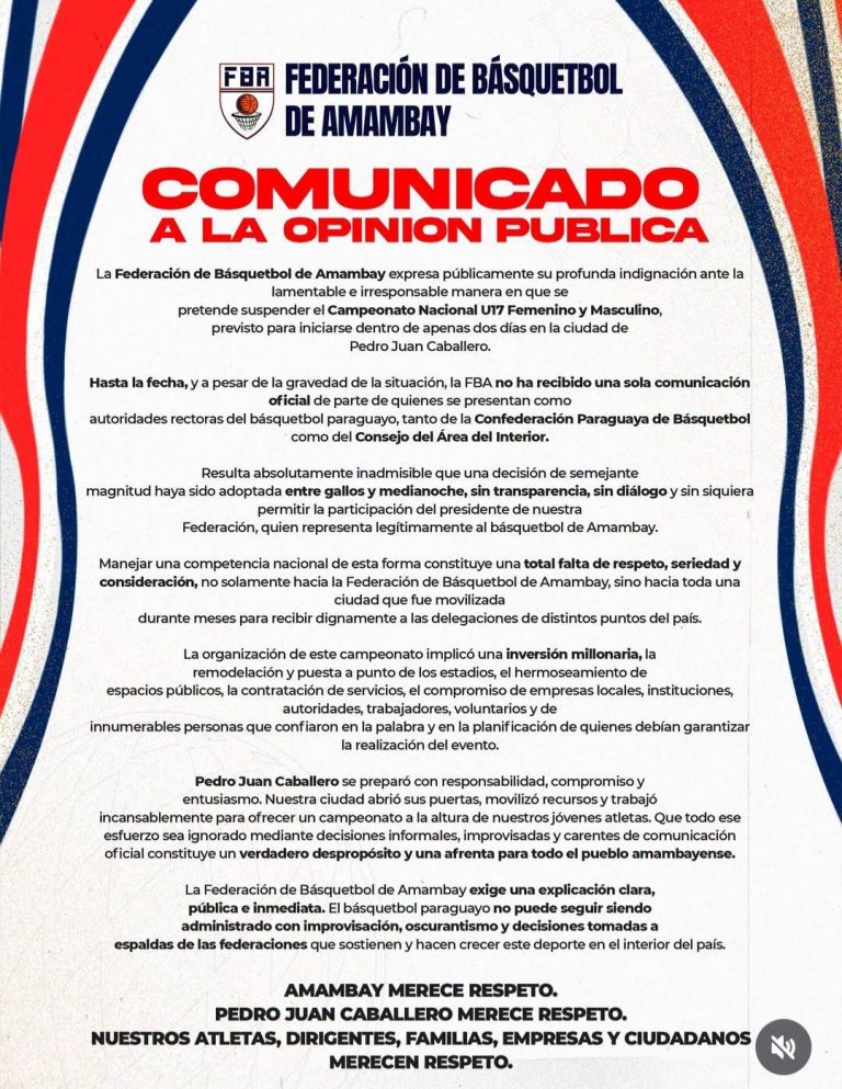 La Confederación Paraguaya de Básquetbol (CPB) ha suspendido de manera unilateral el Campeonato Nacional U17 a solo dos días de su inicio