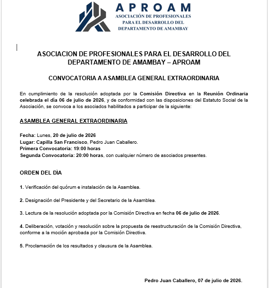 La APROAM convoca a Asamblea General Extraordinaria para el 20 de julio para abordar reestructuración de su Comisión Directiva