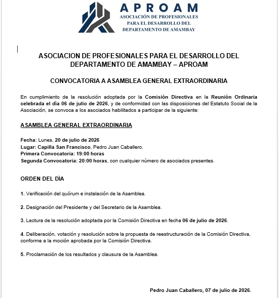 La APROAM convoca a Asamblea General Extraordinaria para el 20 de julio para abordar reestructuración de su Comisión Directiva