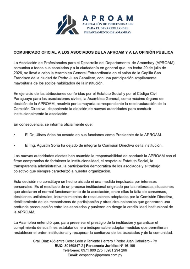 COMUNICADO OFICIAL A LOS ASOCIADOS DE LA APROAM Y A LA OPINIÓN PÚBLICA