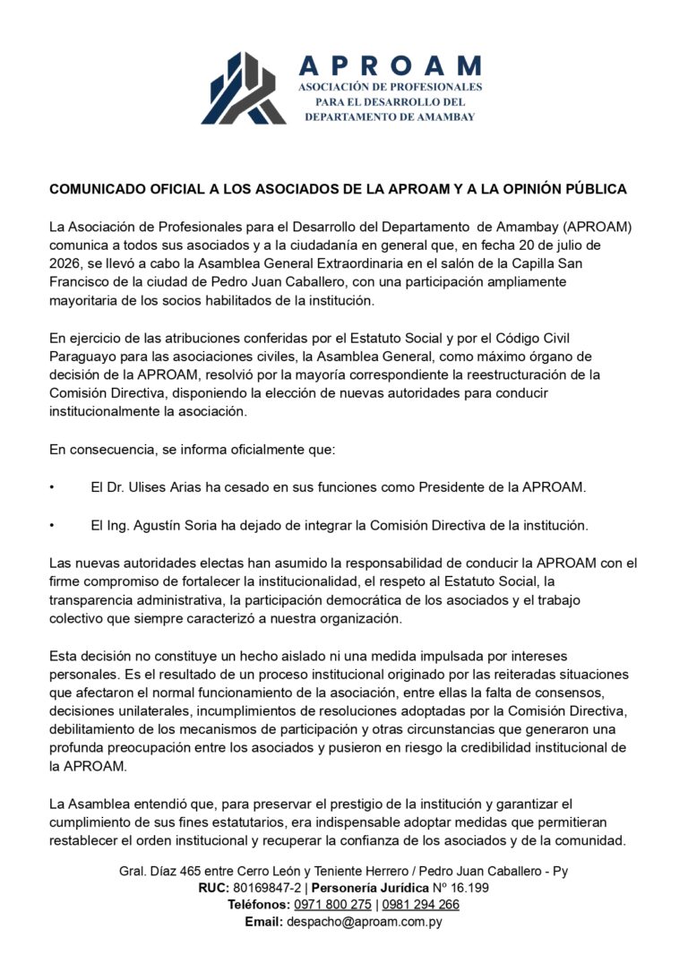 COMUNICADO OFICIAL A LOS ASOCIADOS DE LA APROAM Y A LA OPINIÓN PÚBLICA