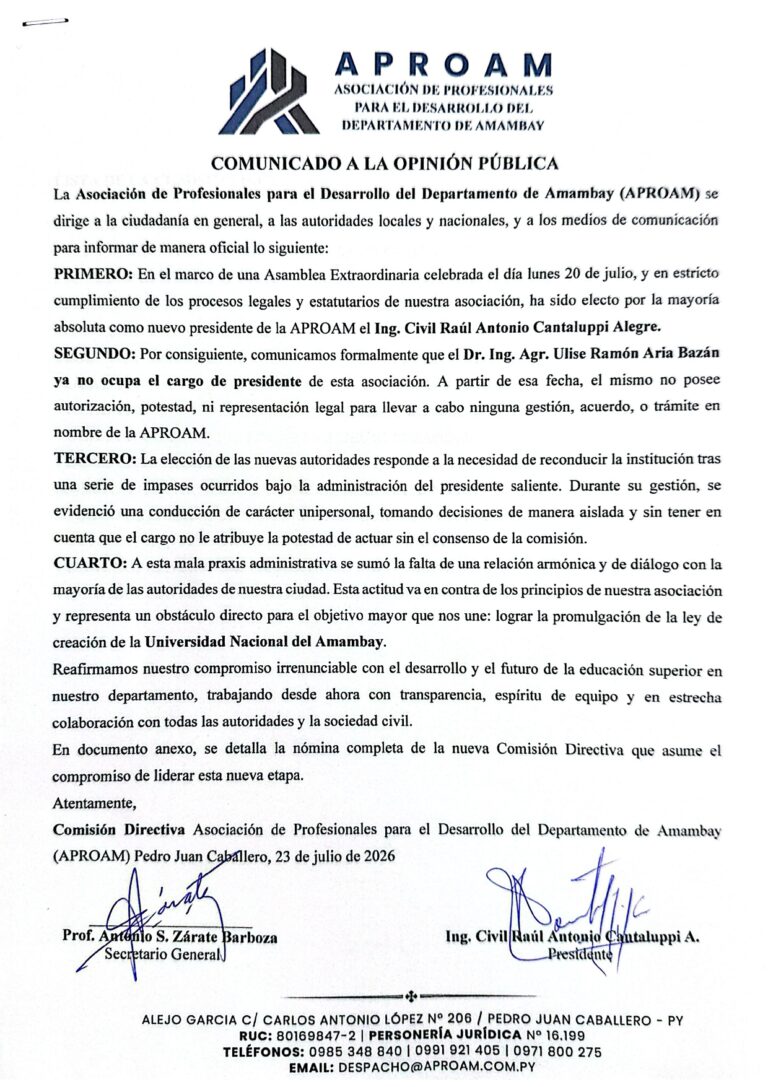 Comunican Renovación Institucional en la Asociacion de Profesionales para el Desarrollo del Departamento de Amambay – APROAM