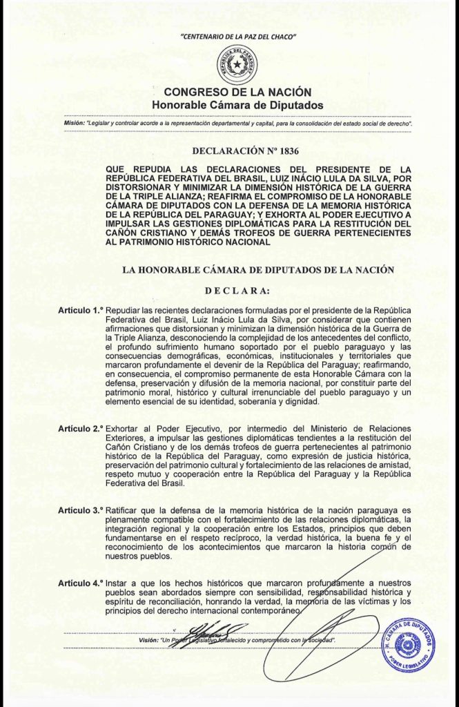 Camara de Diputados repudia a las recientes declaraciones “Lula” por distorsionan a la dimensión histórica de la Guerra de la Triple Alianza»