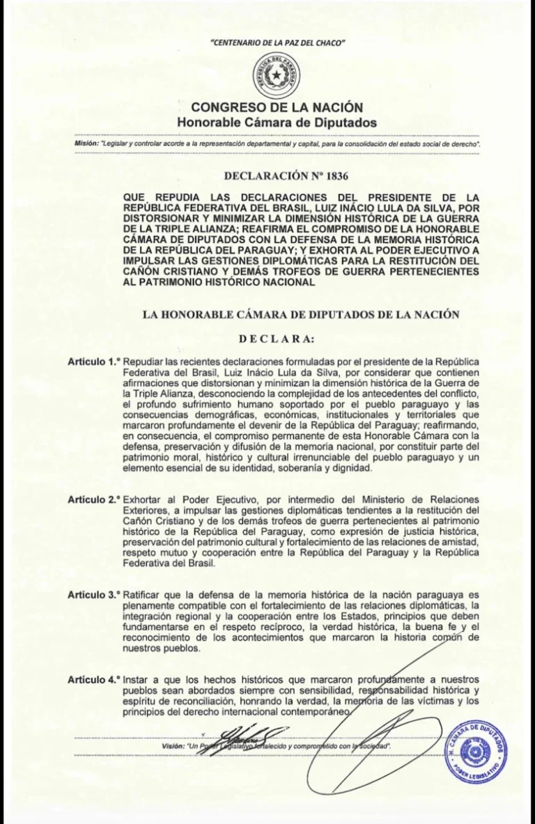 Camara de Diputados repudia a las recientes declaraciones “Lula” por distorsionan a la dimensión histórica de la Guerra de la Triple Alianza»