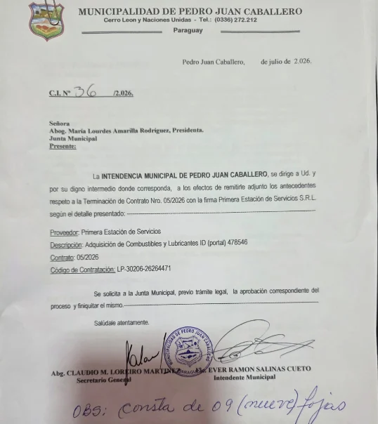 La Junta Municipal rescinde millonario contrato de provisión de combustibles y lubricantes con la firma Primera Estación de Servicios S.R.L.