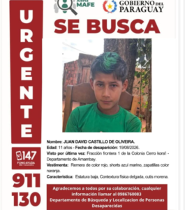 Comunidad de Cerro Cora’i se encuentra movilizada por la desaparición de Juan David Castillo de Oliveira de 11 años