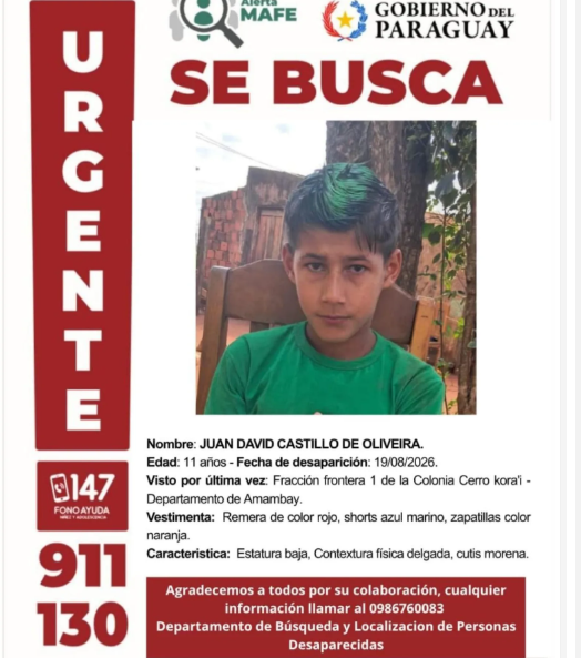 Comunidad de Cerro Cora’i se encuentra movilizada por la desaparición de Juan David Castillo de Oliveira de 11 años