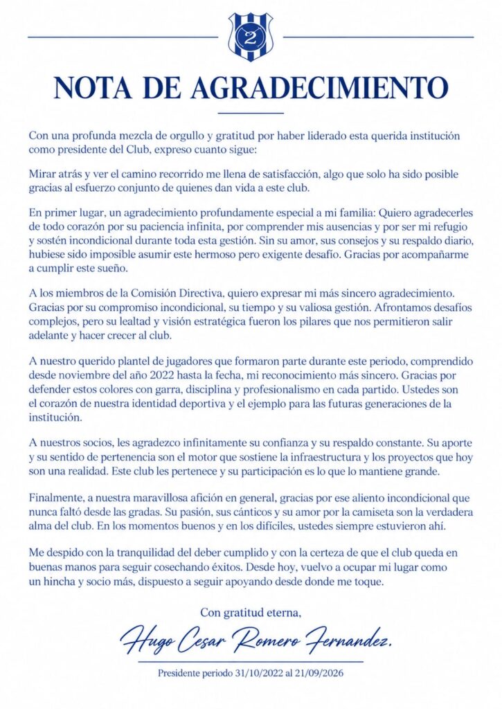 Renuncia el Ing. Hugo Romero, presidente del Club Sportivo 2 de Mayo