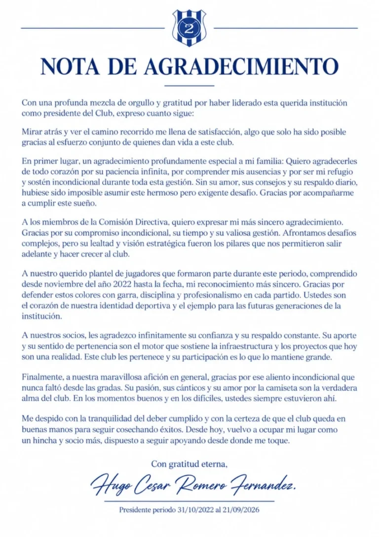 Renuncia el Ing. Hugo Romero, presidente del Club Sportivo 2 de Mayo