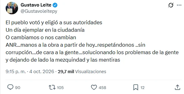 “O cambiamos o nos cambian”, exhorta Leite a la ANR tras derrota en Asunción