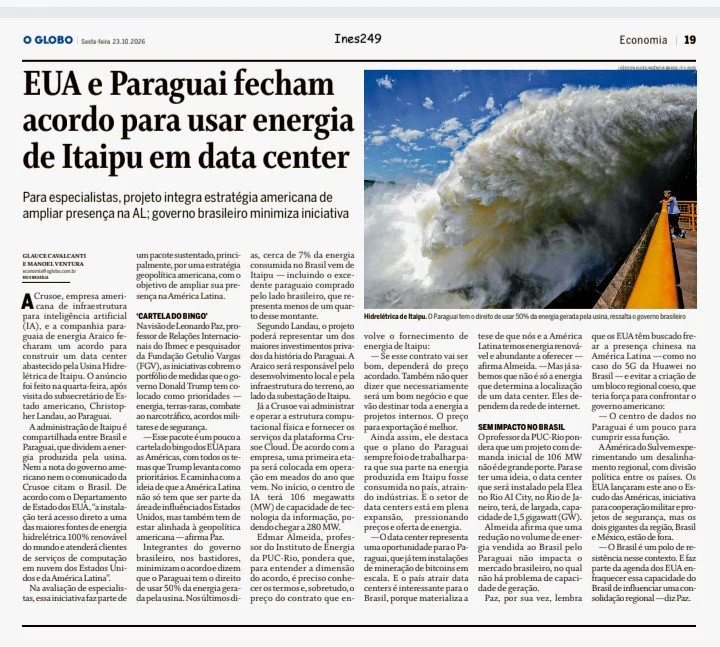 Titular del diario O Globo “colonización energética» en Itaipú por acuerdos entre Paraguay y Estados Unidos